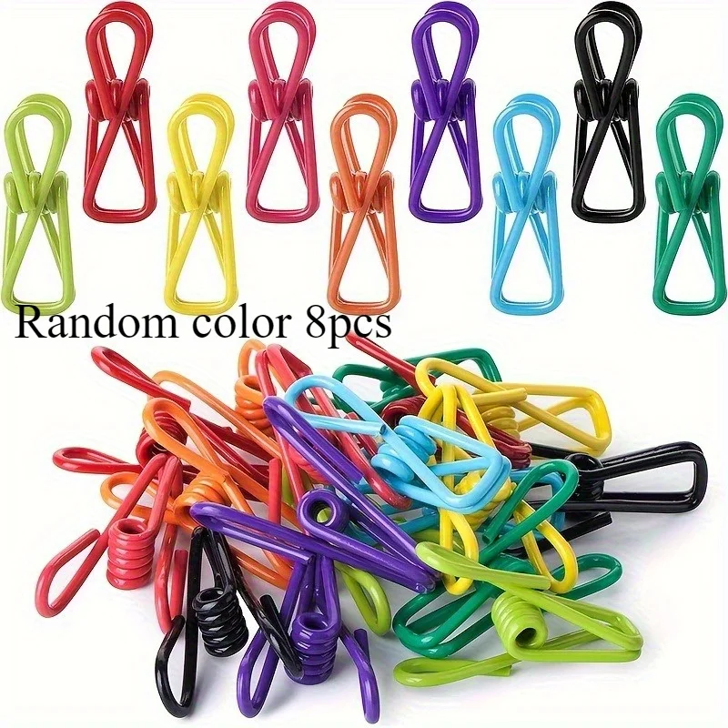 8pcs Colorful Multifunctional Coated Metal Spring Clips for Laundry Photo Paper Snack Bag Sealing Home Outdoor Use