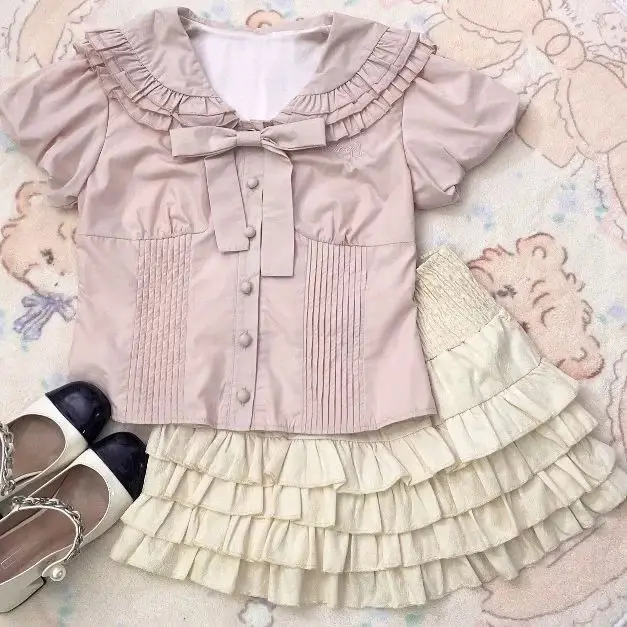 

New Baby Girls Teenage Fashion Sets Pink Blouse + Cream Skirts Princess Elegant Suits 6-12 T