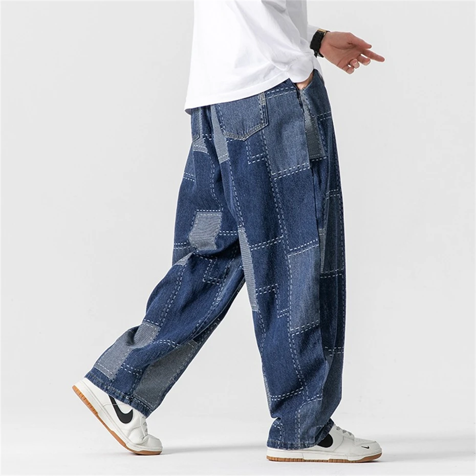 Plus Size Retro Denim Pants Mens Loose Casual Jeans Mens Trousers Straight Patchwork Pants Male Bottom Autumn Men Clothing 5XL