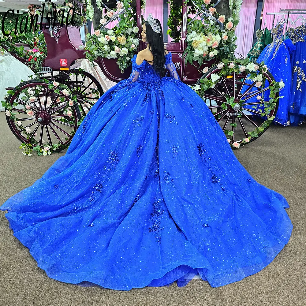 

Королевское синее платье Quinceanera с открытыми плечами, бальное платье с аппликацией, кружево Sweet 15, мексиканское индивидуальное платье