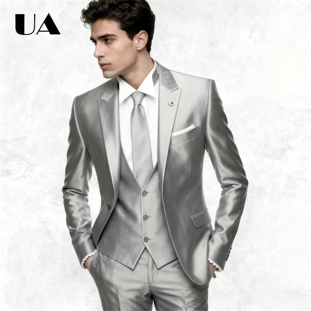 

Luxury Satin Men's Tailored Suit Set, Jacket Vest Pants Plus Size Business Suits, Costume Pageant Suit Attire XXS-7XL