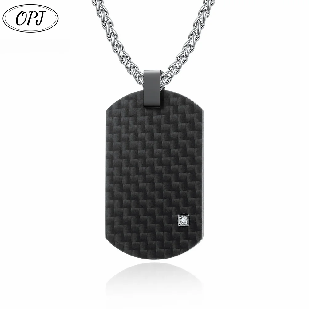 Custom Black Pure Carbon Fiber Dogtag Pendant Cz Stone Inlay With Stainless Steel Cuban Chain Necklace  no price difference