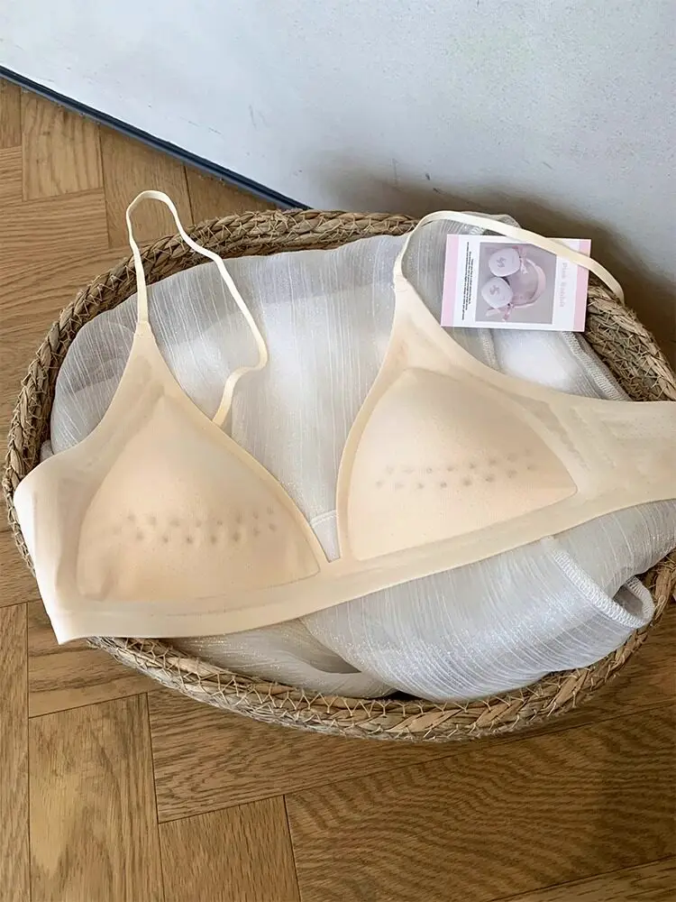 Sujetador de seda helada sin costuras con copas huecas, sin aros, push-up, lencería antideslizante con soporte lateral, suave, cómodo y transpirable para mujer