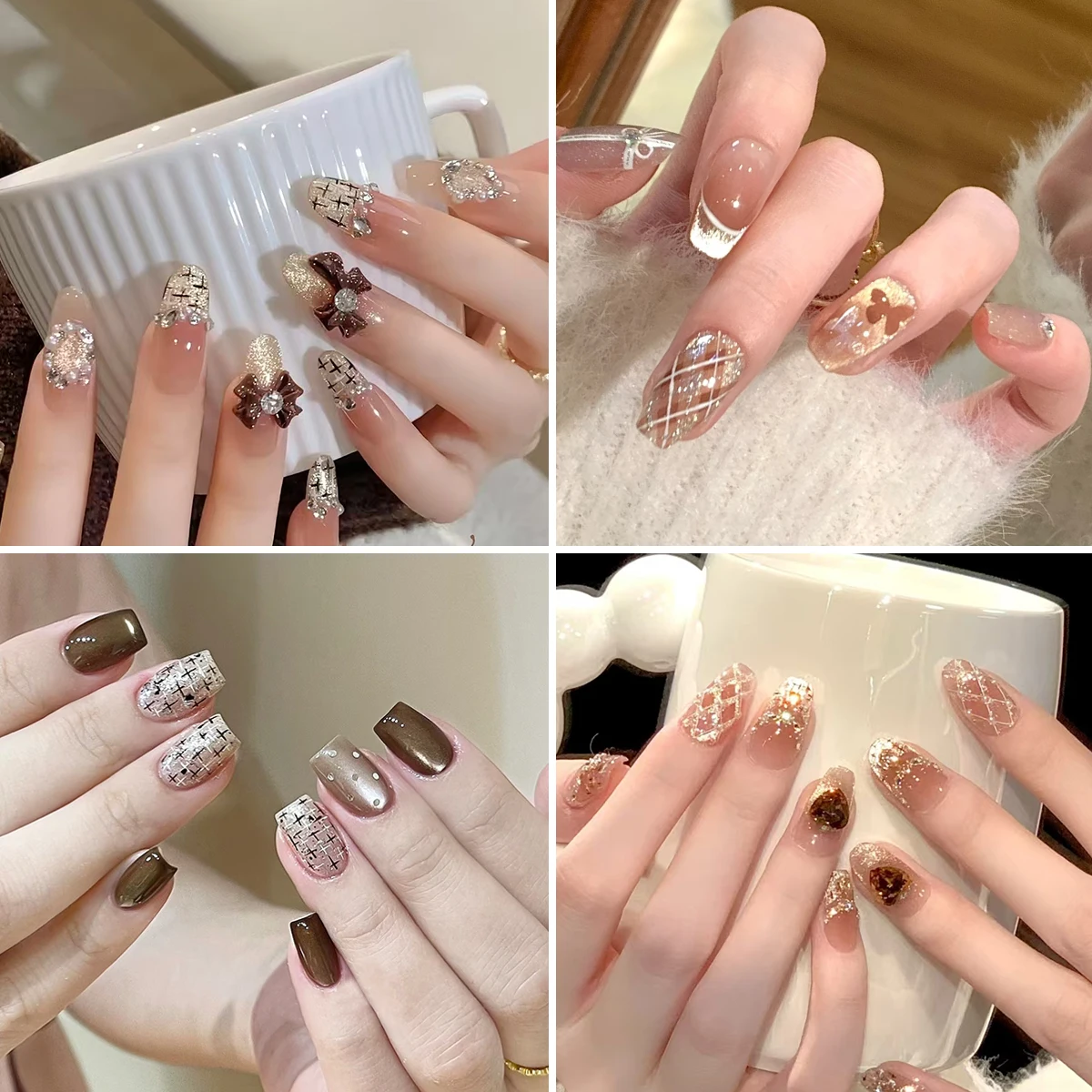 3/6/12장 가을 체크무늬 하트 네일 스티커 레드 핑크 브라운 블루 퍼플 러브 보우 5D 셀프 접착 네일 아트 데칼