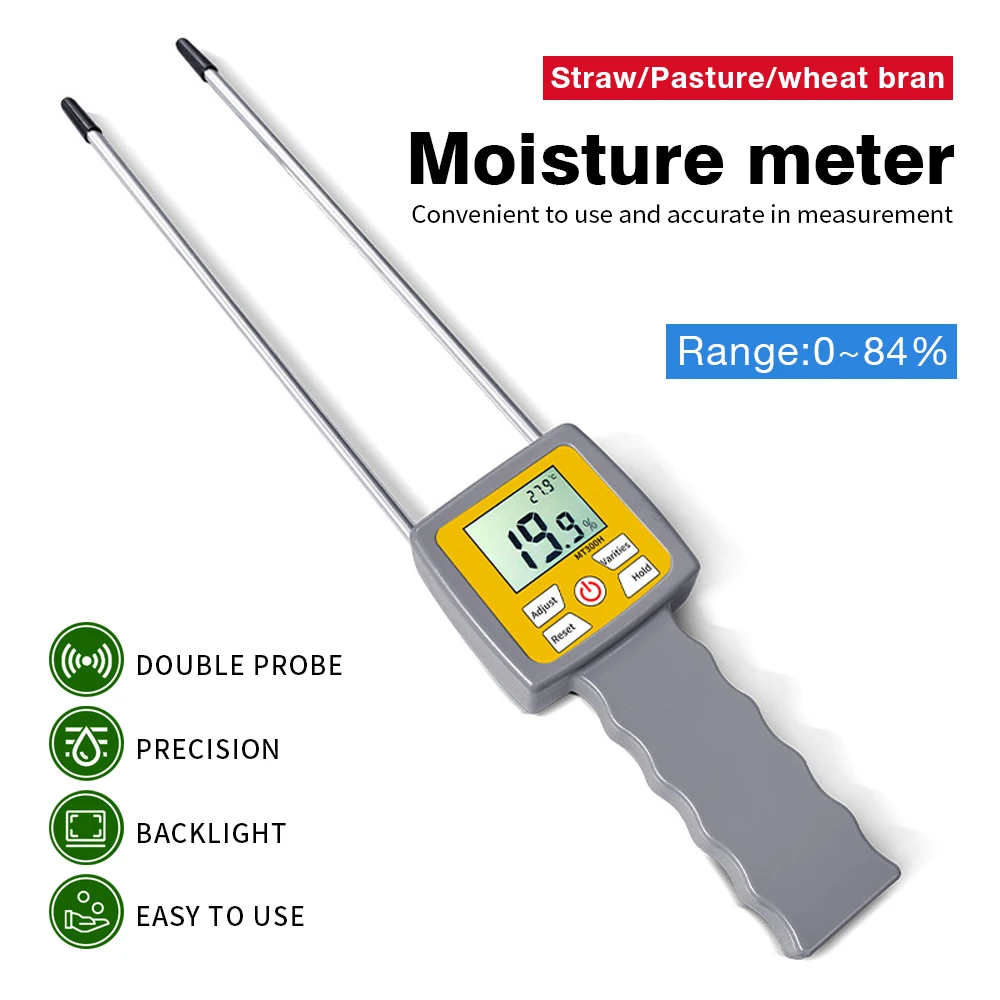 

MT300H Hay Moisture Meter Portable Wheat Straw Pasture Humidity Detector 0-84% Moisture Content Analyzer Dual Probe Hygrometer