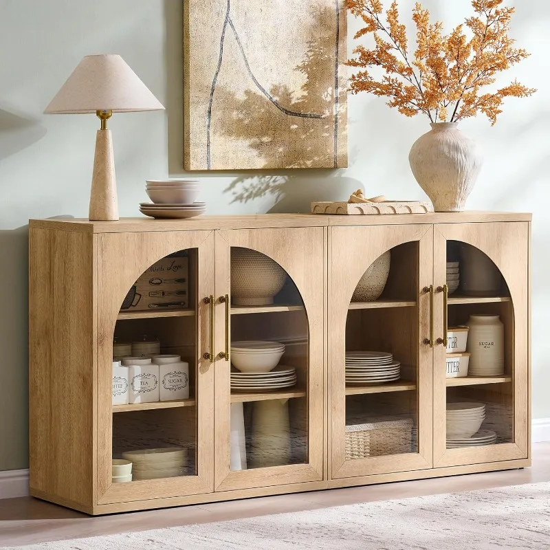 Modern glass arched door laminate adjustable cabinet tableware storage