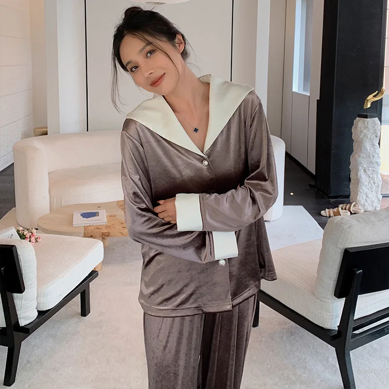 Luxury Coffee Velour Pajamas Set for Female Autumn Winter New Sleepwear Casual Home Clothes Button Down&pants Loose Nightwear