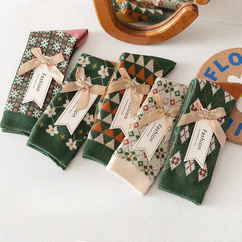 

5 пар женских носков до середины икры с принтом, осенне-зимние длинные высокие носки, повседневные хлопковые носки, рождественский подарок, чулочно-носочные изделия высокого качества