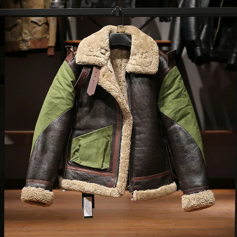 

Men's water-washed oil wax canvas patchwork leather fur coat