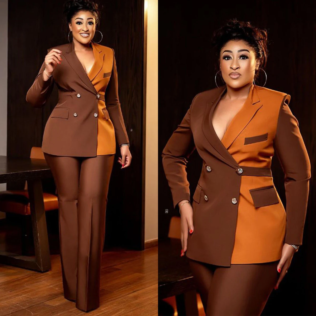 Color Contrast Women Pants Suits 2 Pcs Plus Size Patchwork Blazer Customized Formal Wear Wedding Guest Evenings Celebrity Outfit