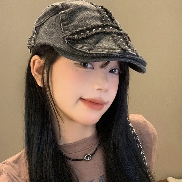 

Women's Balck Hats Large Cap Retro Black Denim Riveted Washed Aged Beret American Hat Trend Chapeau Vintage Hot Girl Y2k Hats