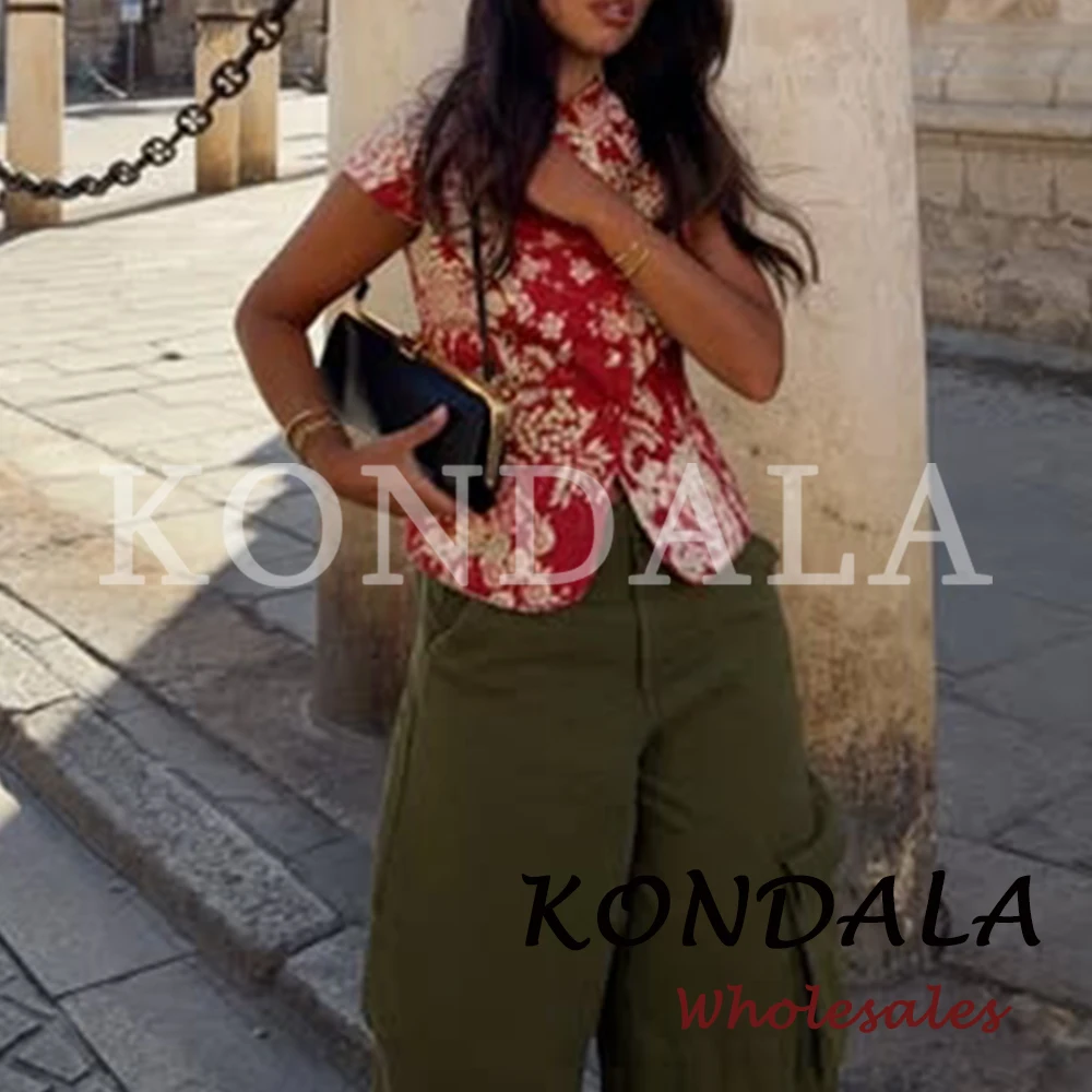 KONDALA Chic Elegant Red Autumn Women Shirt Fashion 2026 Floral Print Streetwear Short Sleeve Blouse Elegant Daily Wear Tops