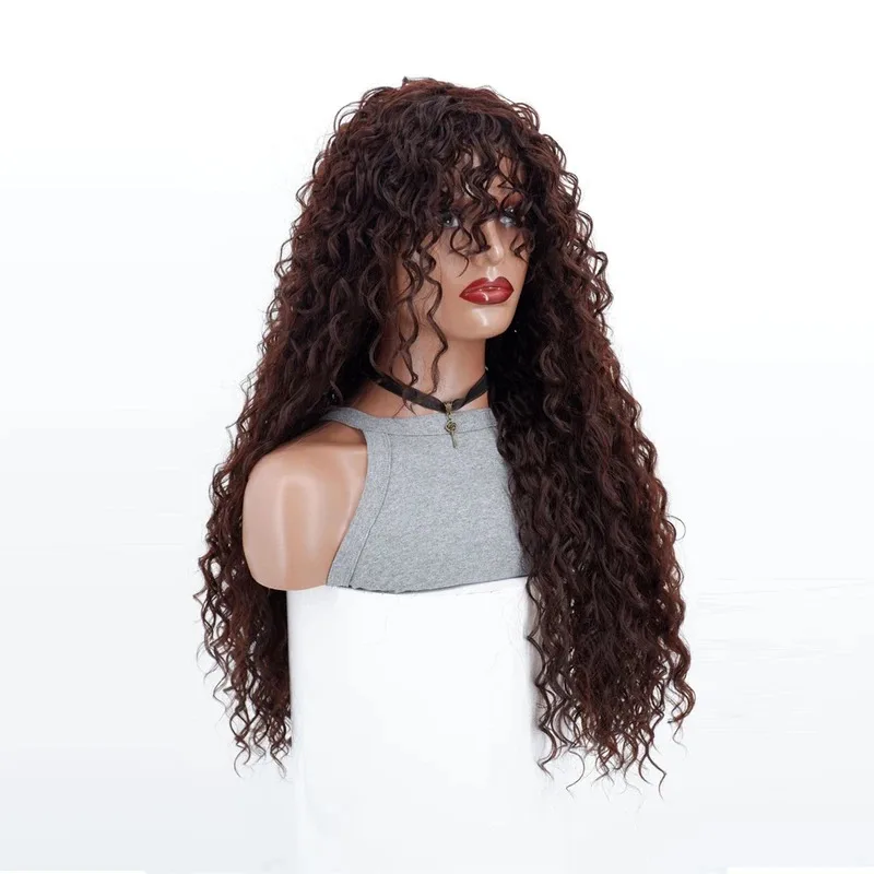 ss23اللاتينية الأمريكية مجعد الشعر موجة المياه الصوف لفة الاصطناعية شعر مستعار طويل للنساء 26 بوصة البني جودة عالية ألياف مقاومة للحرارة