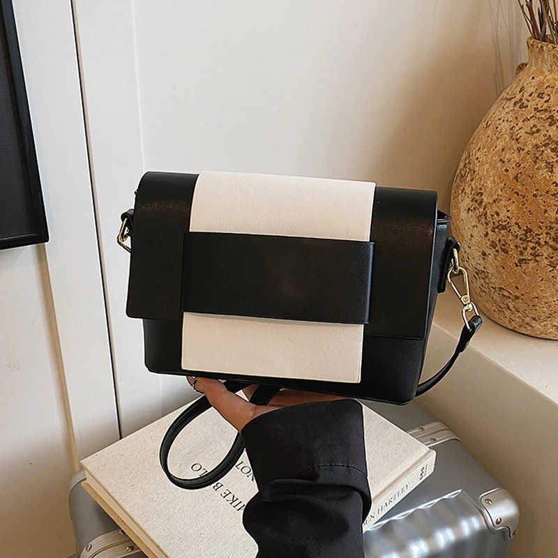 

New Trendy Square Messenger Bags 2025 Women's Contrast Color PU Leather Single Shoulder Pack Temperament Commuter Crossbody Bag