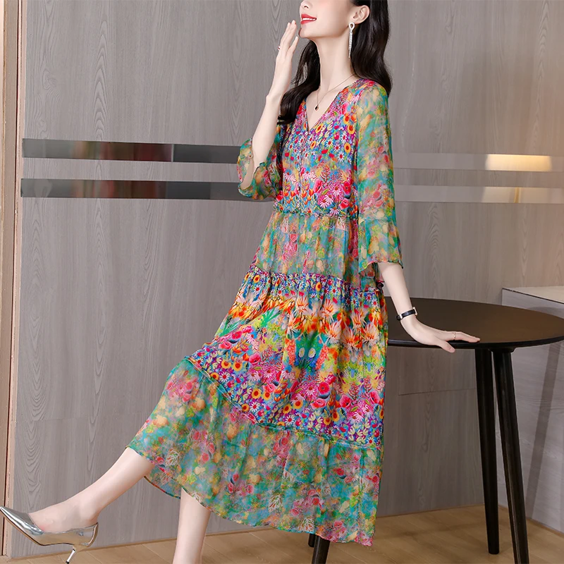 Summer Dress 2023 Woman Silk Floral Dress Elegant Long Beach Vintage Dresses for Women