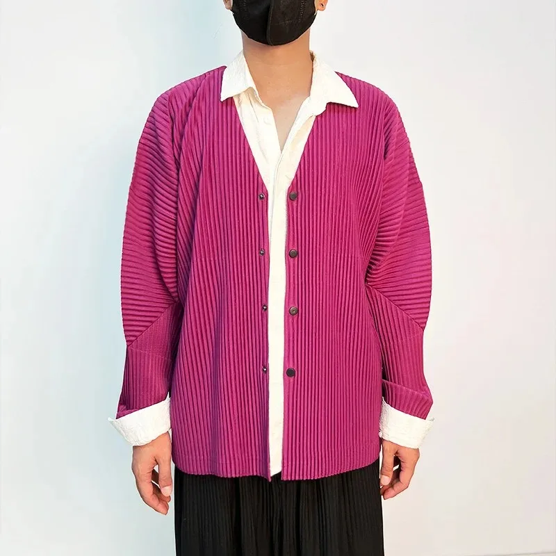 

Miyake Men's Cardigan Pleated Cardigan Jacket 2024 Autumn New Loose Folding Top Fashion Korean V-neck Long Purple Sweatshirt