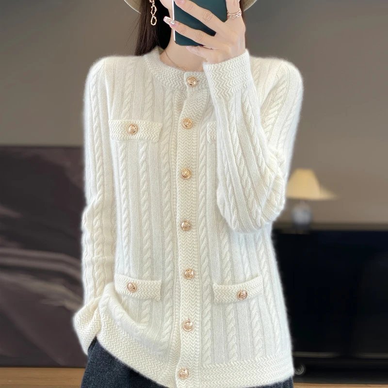 

Осенний вязаный женский кардиган из 100% мериносовой шерсти, однотонный свитер на пуговицах с длинными рукавами, удобный мягкий топ в классическом стиле