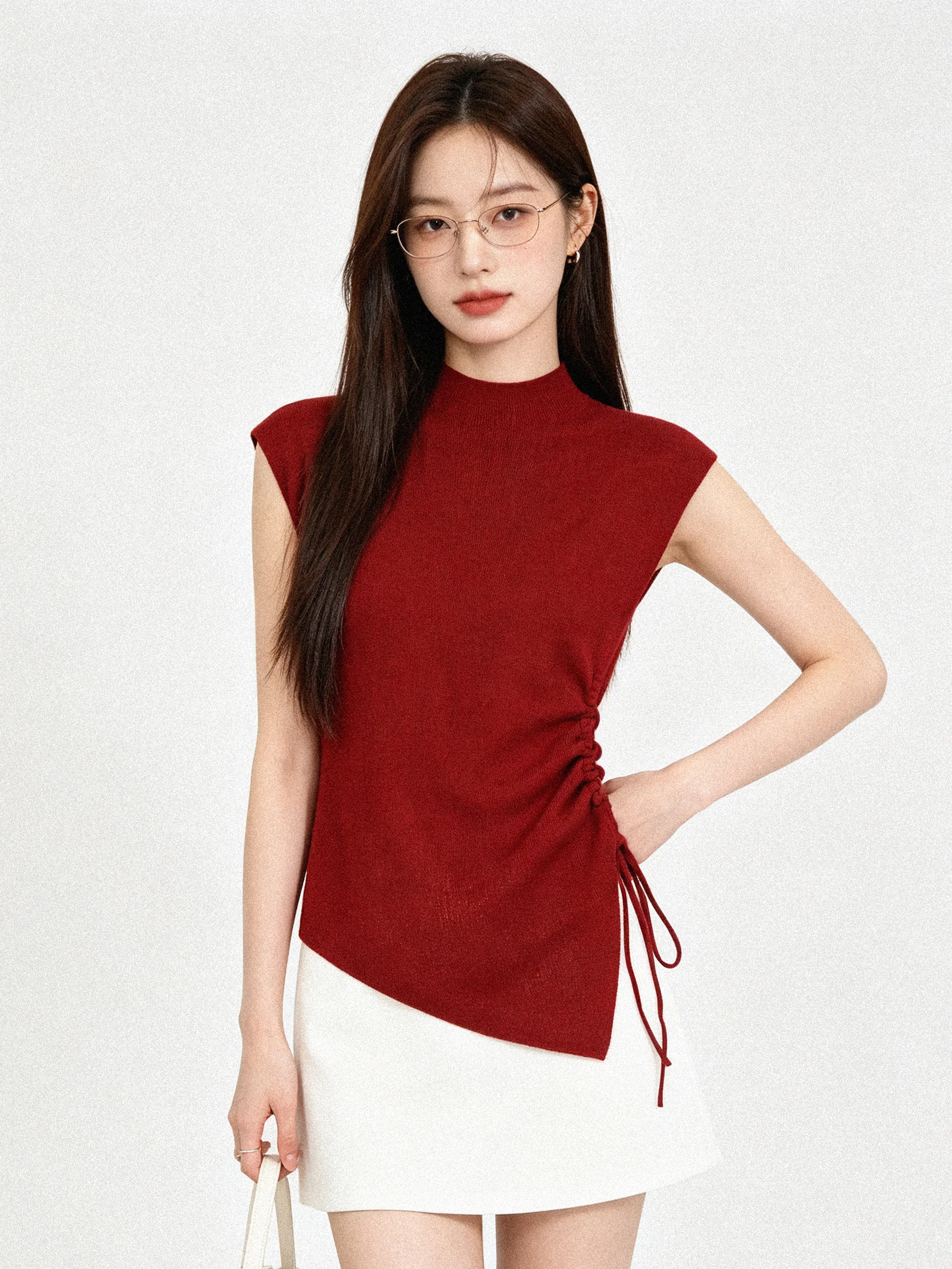 Elegant Sweet-and-Spicy Neckline Drawstring Top Slimming Unusual Sleeveless Korean Style Soft Breathable Short Length