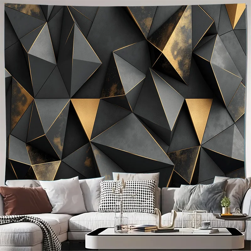Black and Gold 3D Geometric Triangle Pattern Wall Tapestry Machine Washable All Season Decor Print Home Easy to clean non-toxic