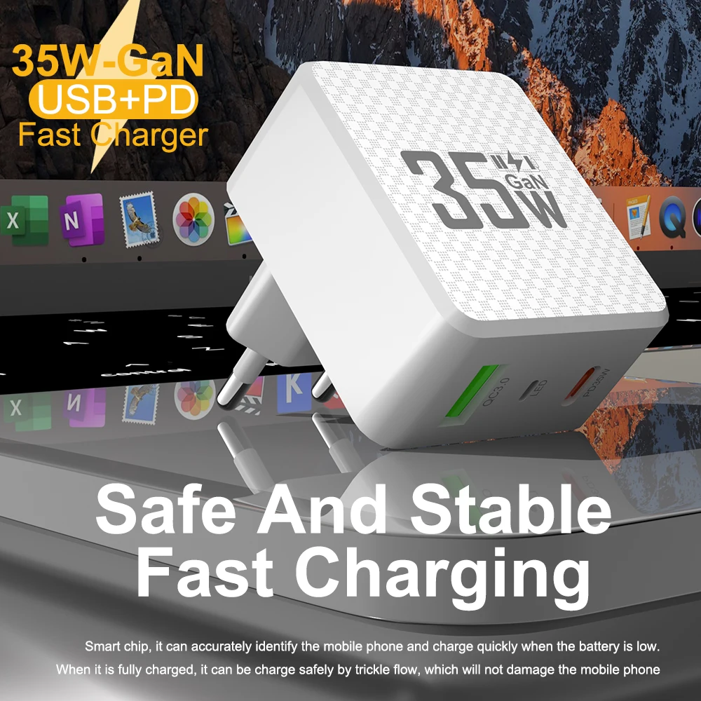 2 Ports Mini 35W GaN USB Type C Charger QC3.0 Portable Fast Charging For iPhone 14 Pro Xiaomi 13 Samsung KR/EU/US/UK Plug