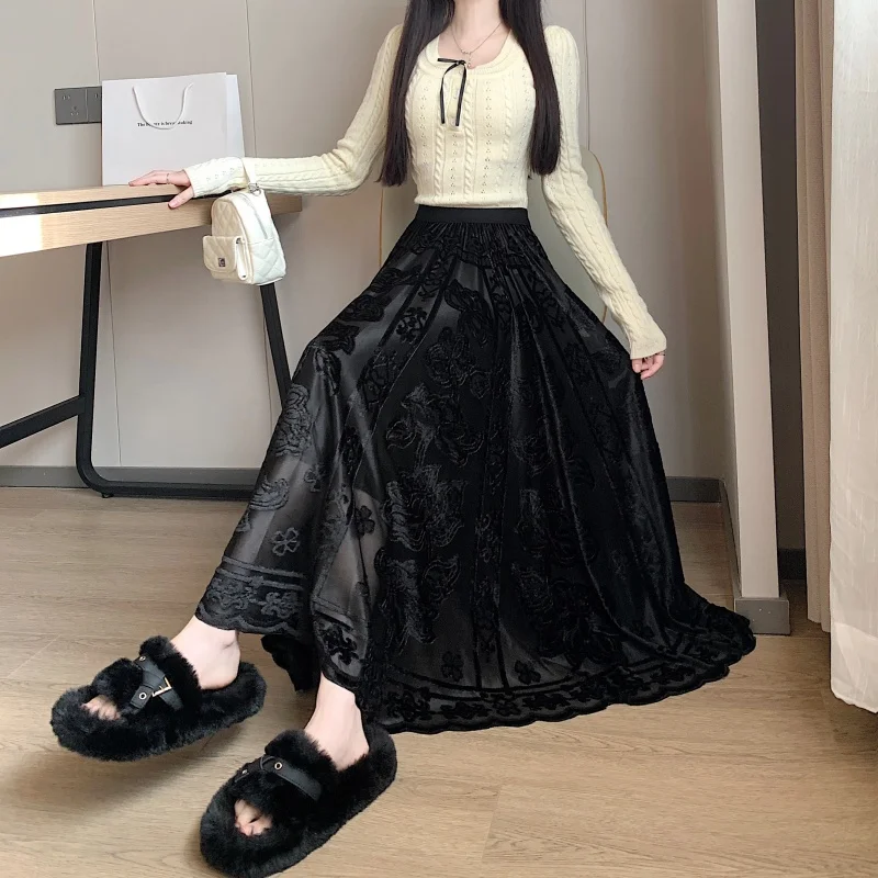

Французская юбка женская бархатная средней длины осень-зима элегантная модная толстая кружевная сетка повседневная универсальная юбка трапециевидной формы для поездок на работу