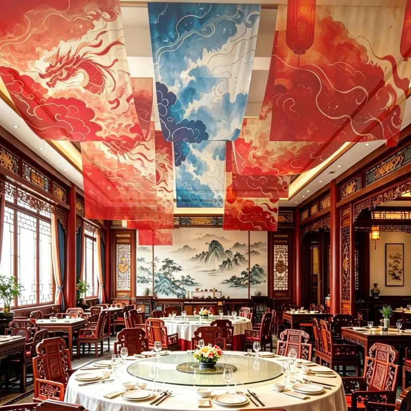 VIKAMA Ceiling Hanging Curtain Chinese Dragon Cloud Silk Decorative Banner Restaurant Bar Cafe Wedding Home Decor