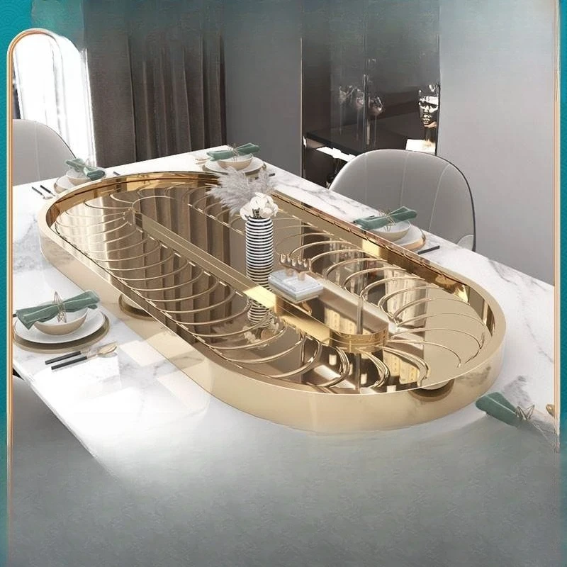 Rectangle dining table, electric vegetable turntable household long table, oval stainless steel conveyor belt rotating table