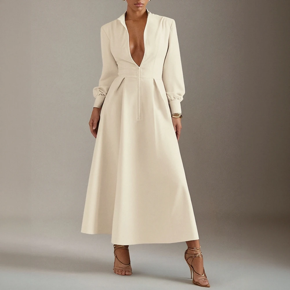 Midi-jurk met lange mouwen en V-hals voor dames Herfst Winter Effen A-lijn Basics Gesmoorde taille Jurk Fatsoenlijke mode