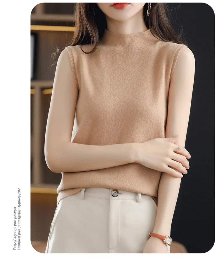 Half-turtleneck Sleeveless Vest Women\'s Cashmere Sweater Knitted Wool Vest Sleeveless Women Vest Bottom Knit Shirt