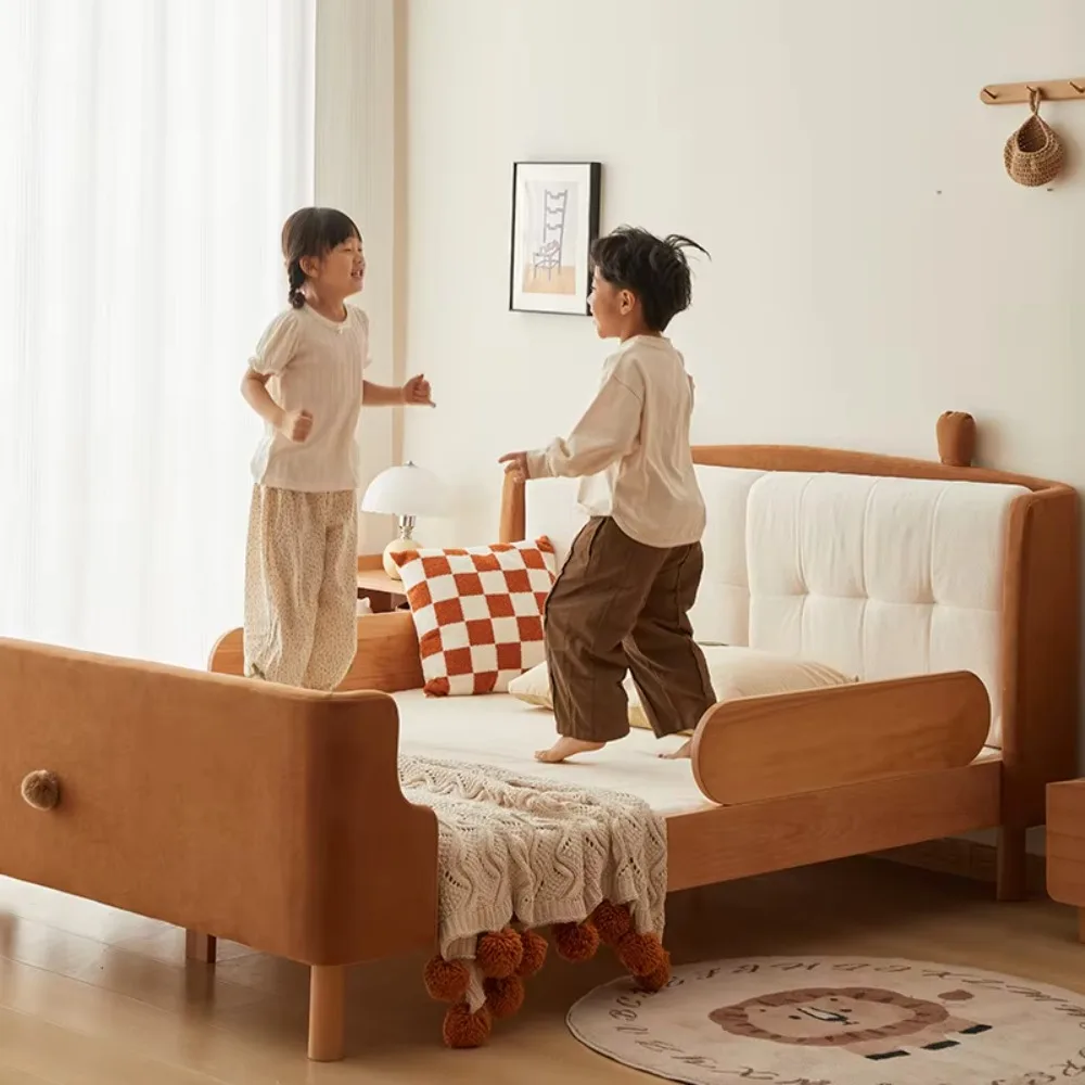 Kids Wooden Bed Solid Beech Wood Safety Guardrail Soft Headboard Nordic Style Single Children Bed Bedroom Furniture
