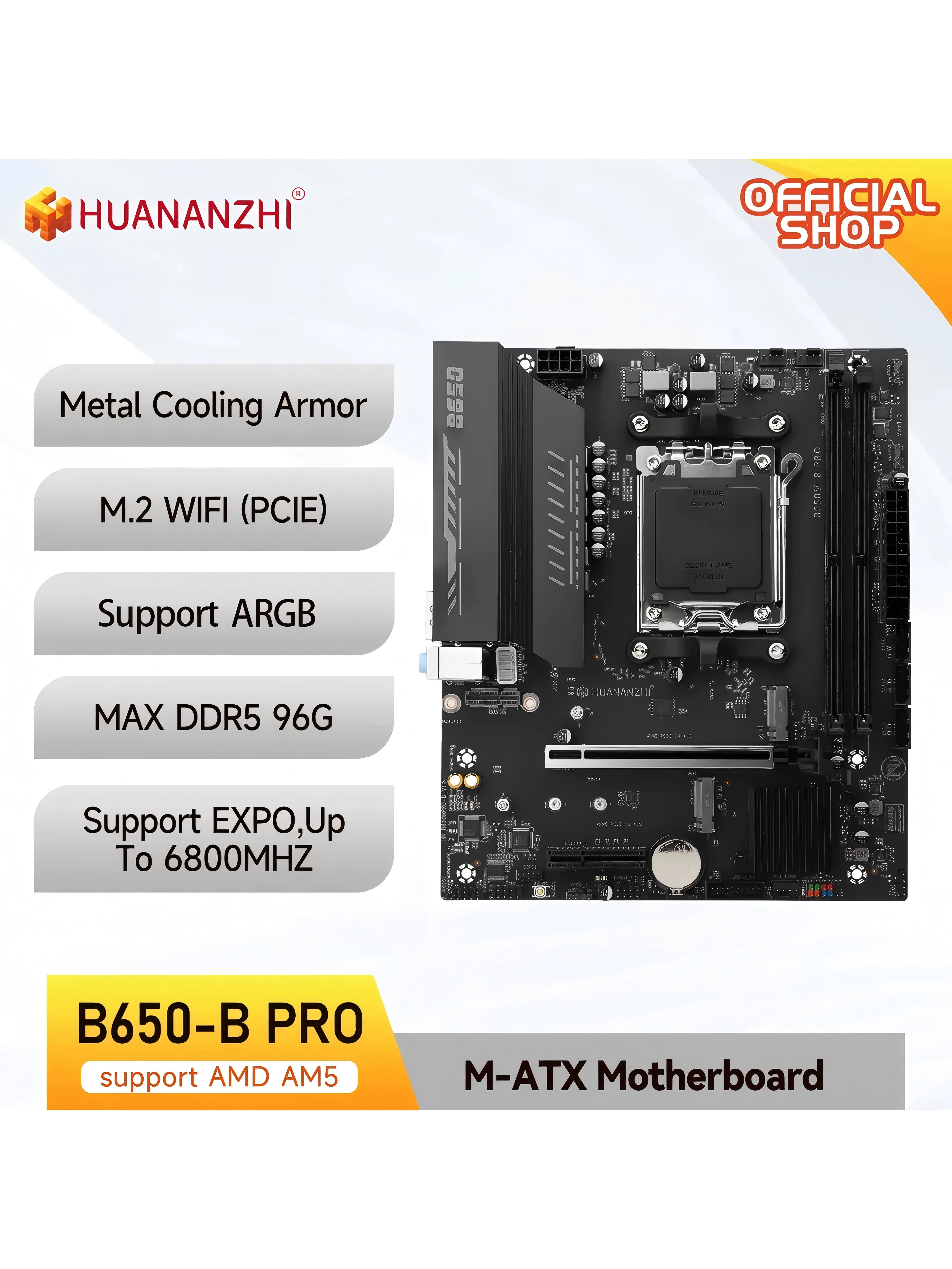 

Материнская плата HUANANZHI B650M B pro для AMD AM5 с поддержкой двухканальной памяти DDR5 EXPO, совместима с процессорами Ryzen R5 R7 серий 7000, 8000, 9000, с разъемом M.2 NVME и поддержкой Wi-Fi.
