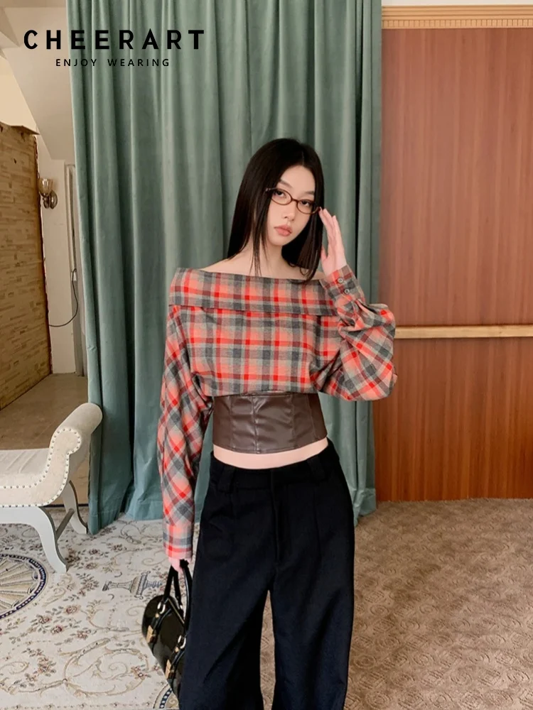 CHEERART Off The Shoulder Plaid Batwing Blouses Women Long Sleeve Crop Top Patchwork Leather Designer Blouse Fall Clothes 2024