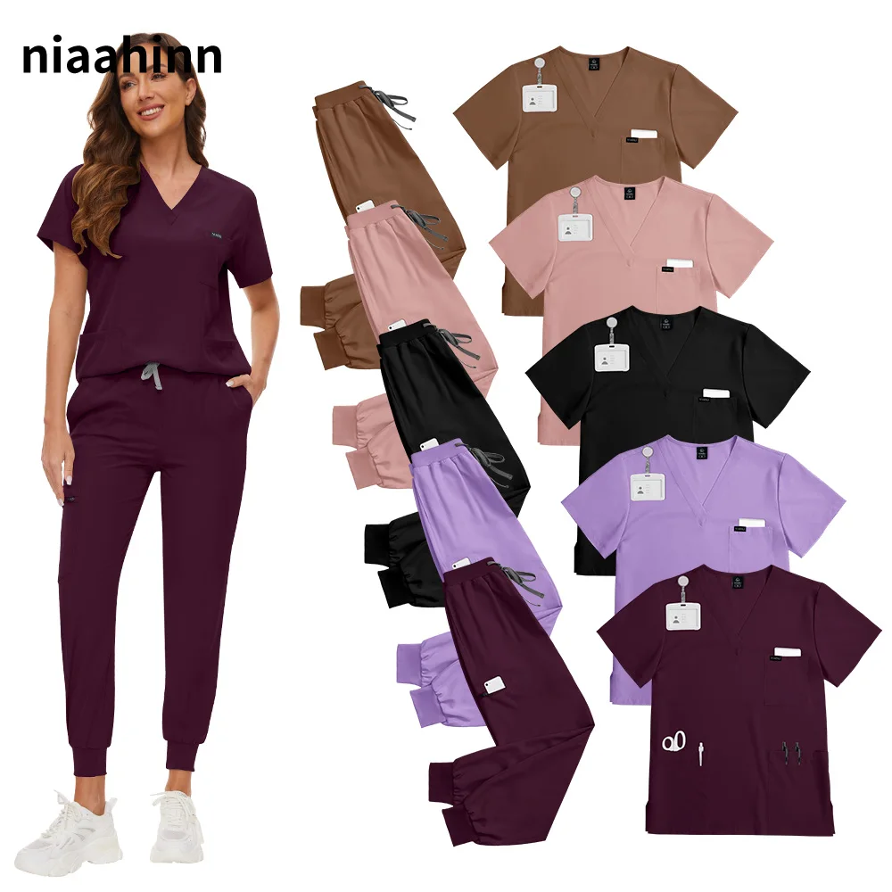 Solid Color V-neck Work Uniforms Men and Women Brush Hands Pet Grooming Clothes Hospital Doctor Nurse Hand Washing Work Uniforms