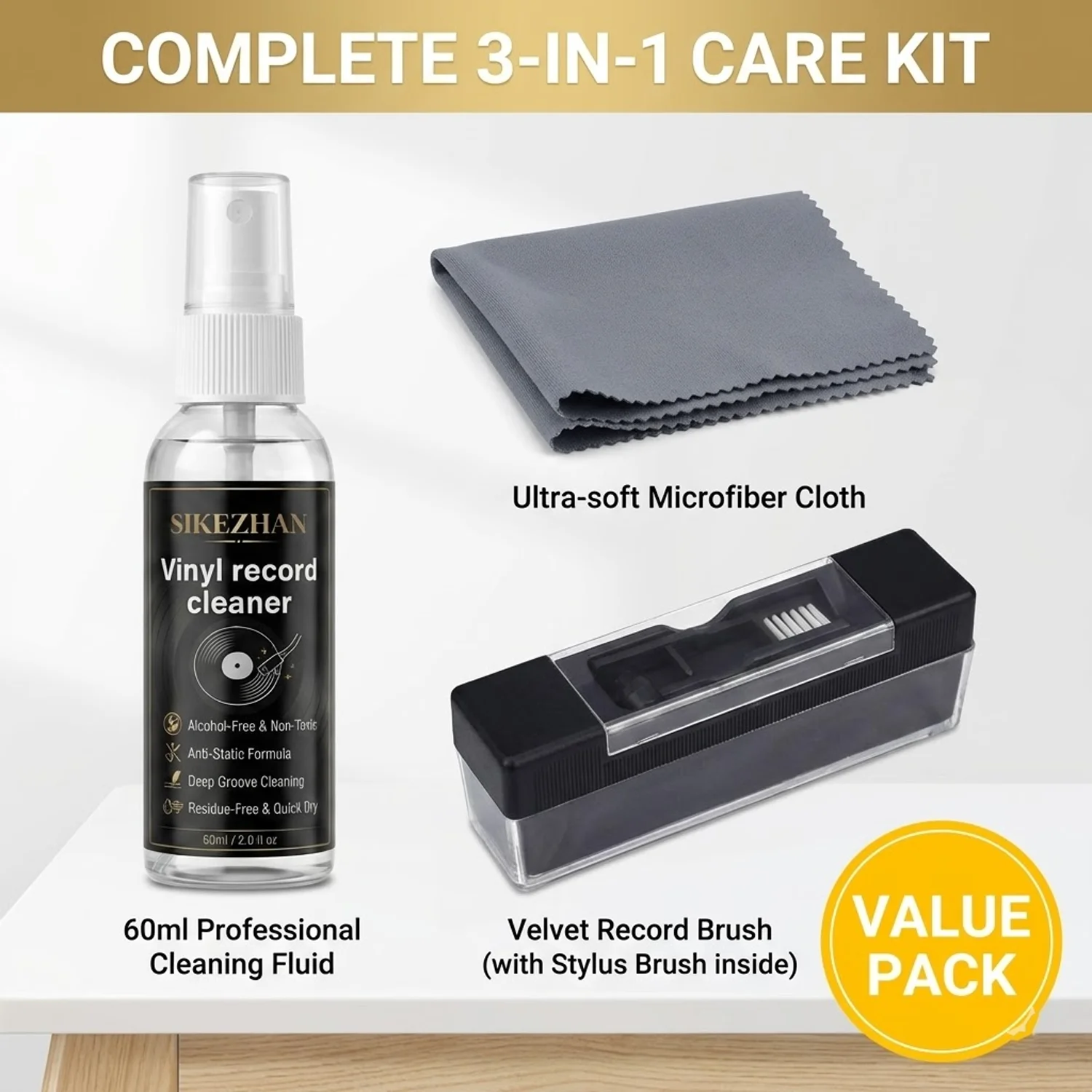 SIKEZHAN Professional Vinyl Record Cleaner Kit,Alcohol-Free 60ml Spray, Anti-Static Velvet Brush&Cloth for LP Turntable Care Set