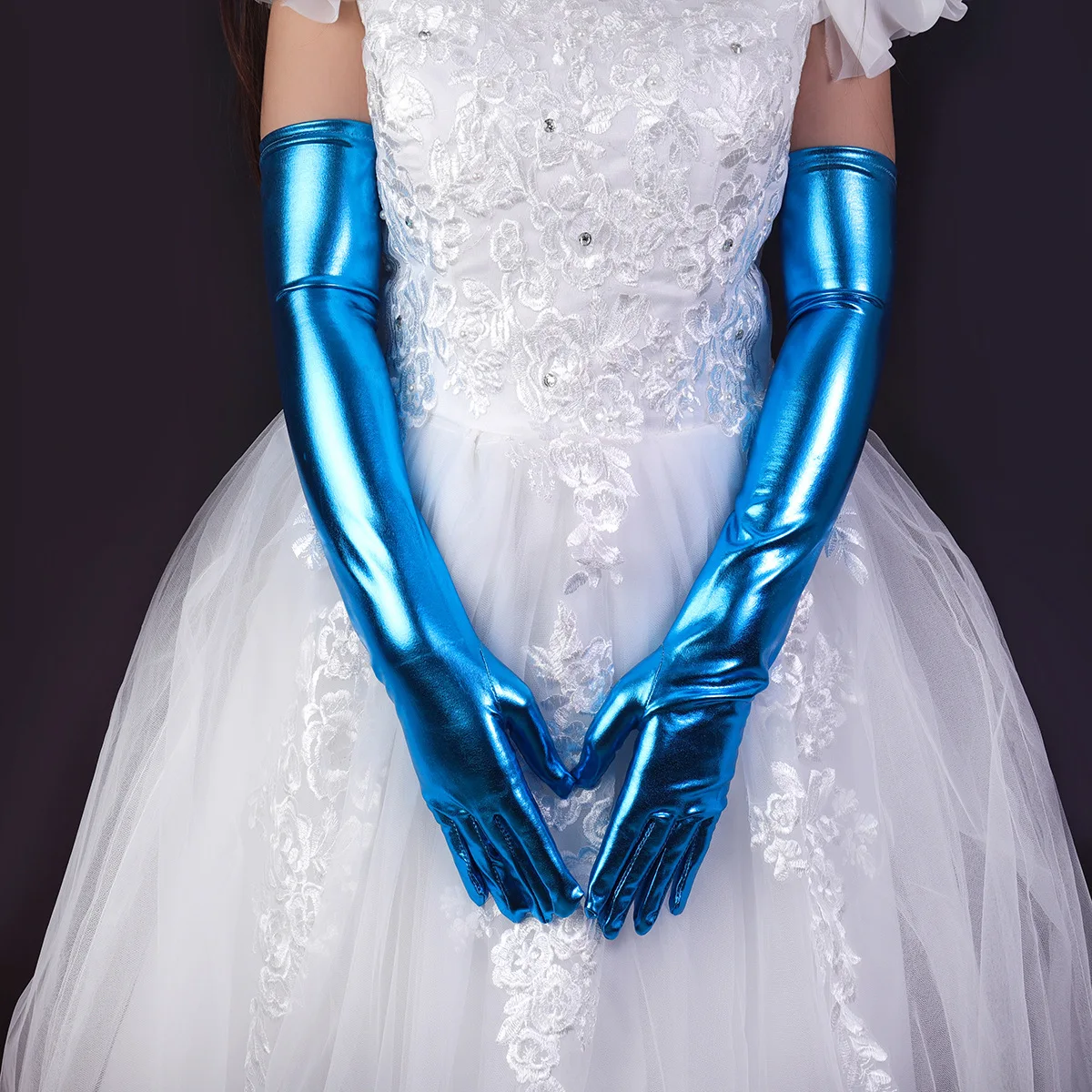 10-ペア卸売女性のセクシーな光沢のあるパテント弾性手袋女の子日焼け止めコスプレダンスパフォーマンスパーティー手袋-r2346