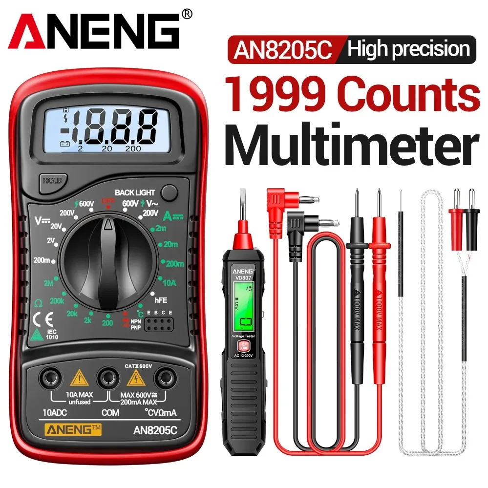 

Автомобильный мультиметр-тестер напряжения ANENG AN8205C+VD807, детектор переменного напряжения 12В-300В, измеритель тока, инструменты для ремонта автомобилей, тестирование hFE-транзисторов, DIY-инструменты