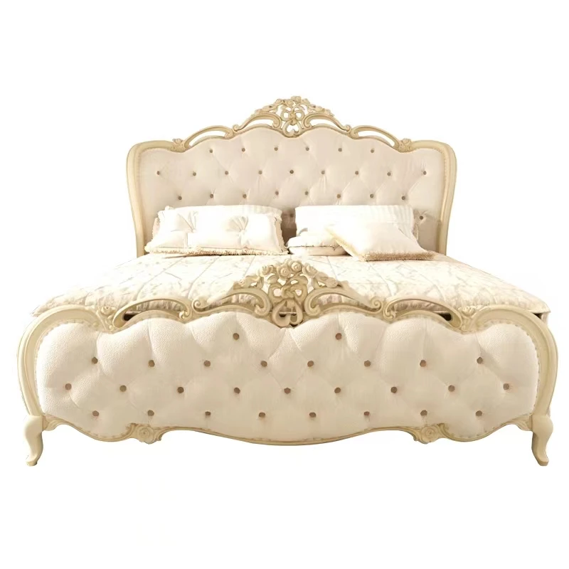 

Log carved fabric double wedding bed 1.8m palace furniture customization