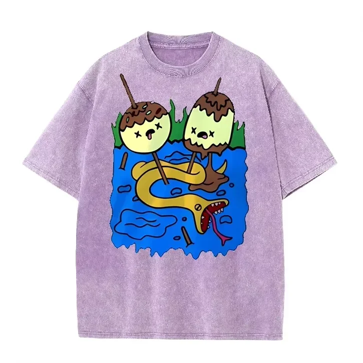 Vintage Washed Purple Tshirt Weird Snake Melting Popsicle Cartoon Print Loose Short Sleeve Trippy Casual Tee
