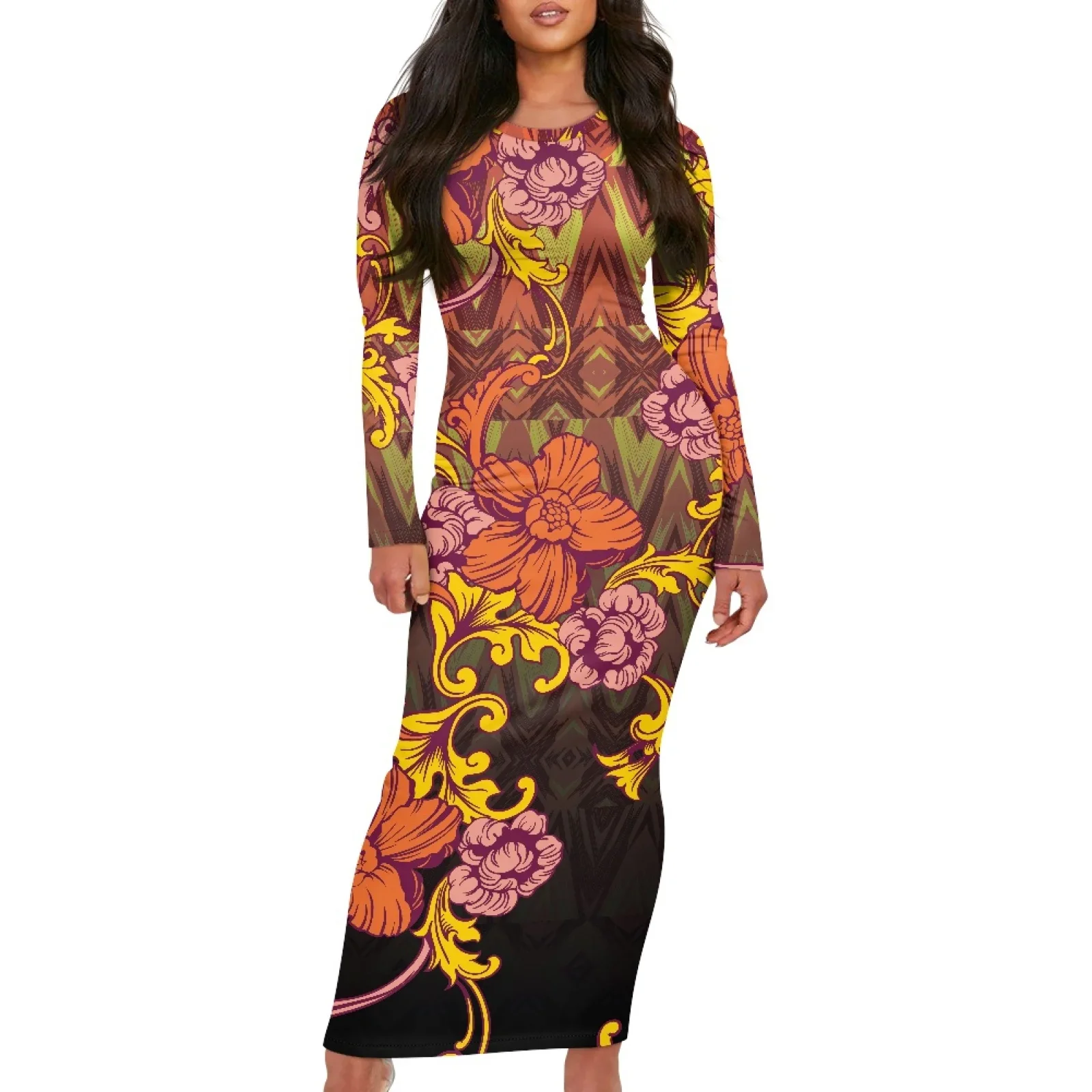 Polynesian Tribal Fijian Totem Tattoo Fiji Prints Women's Slim-Fit Sexy Long Sleeve Dress Elegant O-Neck Hibiscus Knitted Dress