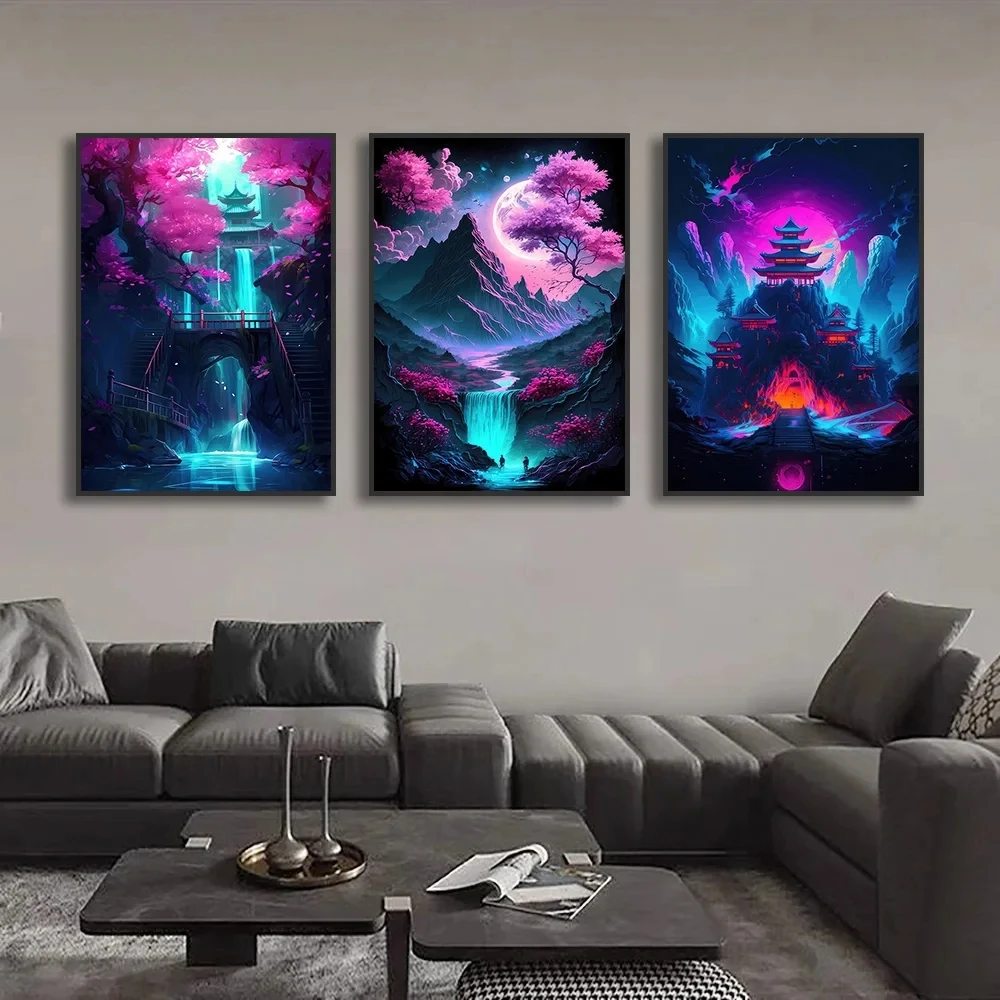 Diy Diamond Painting Fantasy Pink Neon Color Landscape Wall Art Japanese Anime Cyberpunk Triptych Full Mosaic Embroidery EE4057