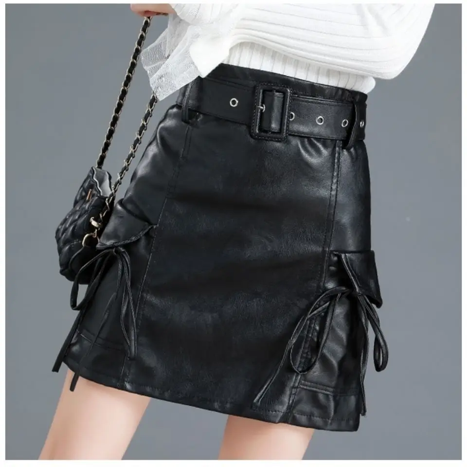 Korean Style Short Skirt 2026 New Autumn Winter Women Package Hip PU Leather Skirt Fashion Pocket A-line Skirt Female Culottes