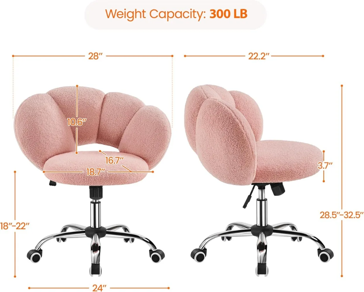 Boucle Upholstered Desk Chair Cloud-Shaped Vanity Chair Adjustable Home OfficeChair Computer with Rolling Wheels for Living Room