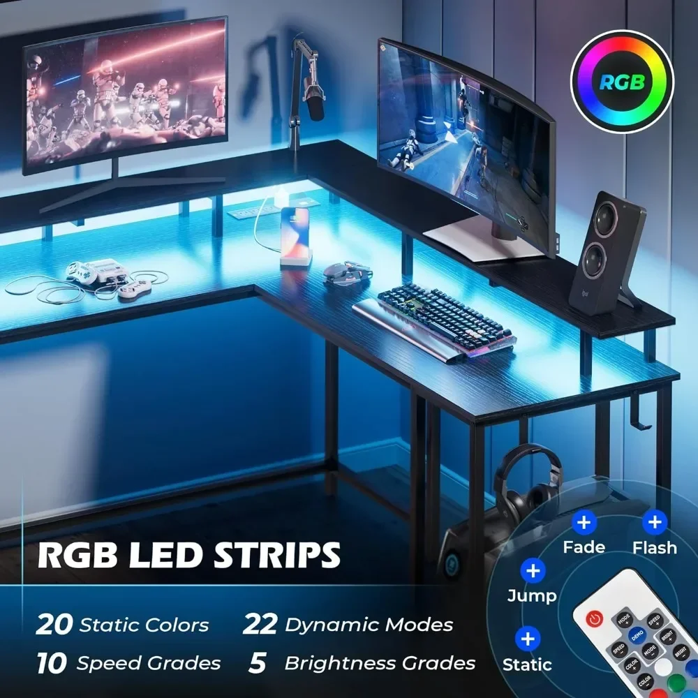 L Shaped Gaming Desk com Power Outlets e luzes LED, Mesa do computador com suporte do monitor e prateleira de armazenamento