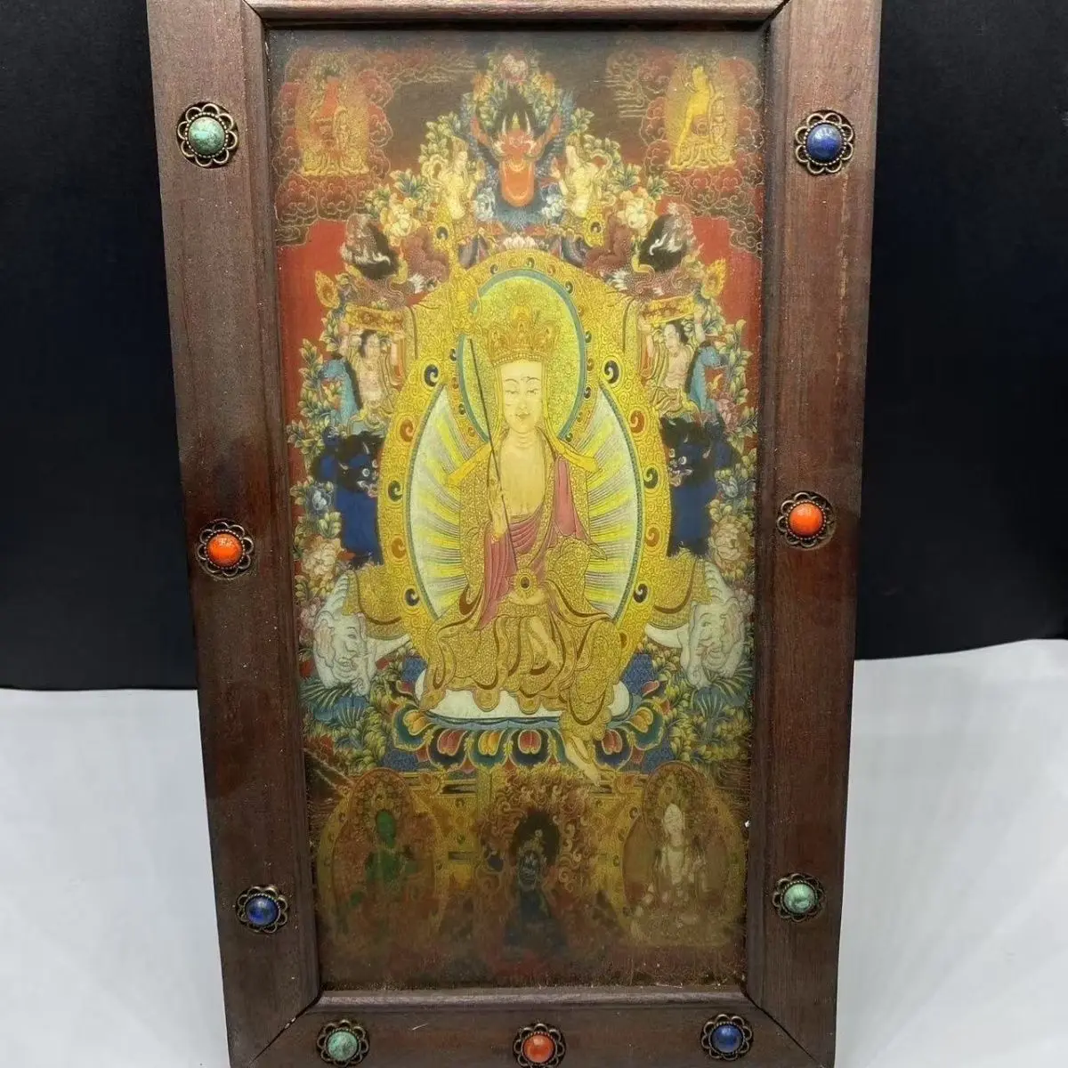 Treasure natural mahogany inlaid Tibetan thangka portrait offering, randomly send one.