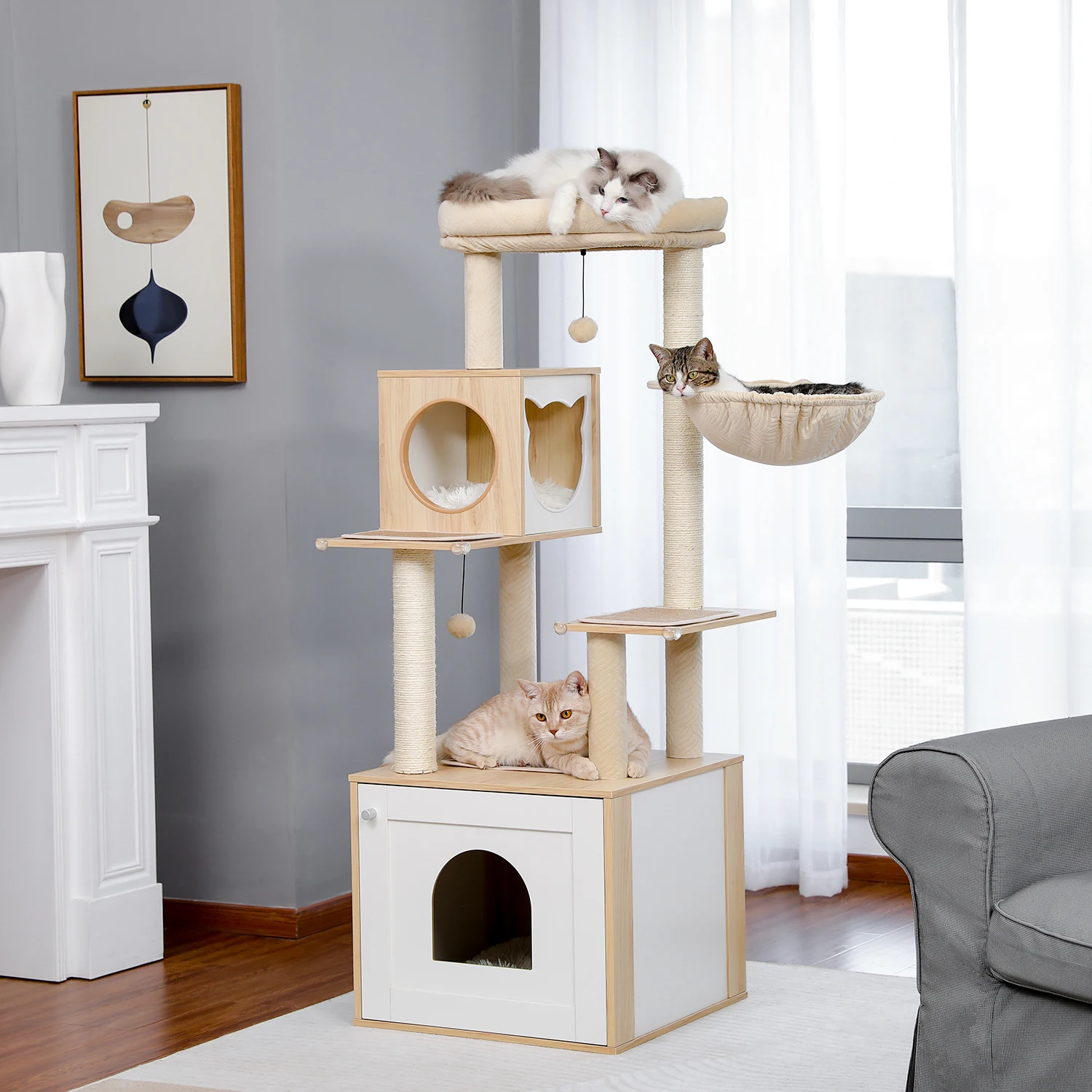 Wood Cat Tree with Litter Box Enclosure Large Cat Tower with Storage Cabinet and Cozy Cat Condo Sisal Covered Scratching Post