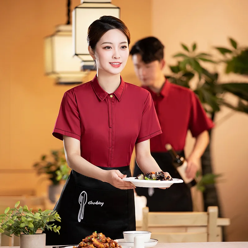 Hotel Restaurant Waiter Work Uniform Short Sleeve Summer Restaurant Catering Hot Pot Restaurant Work Uniform Milk Bar Work Cloth