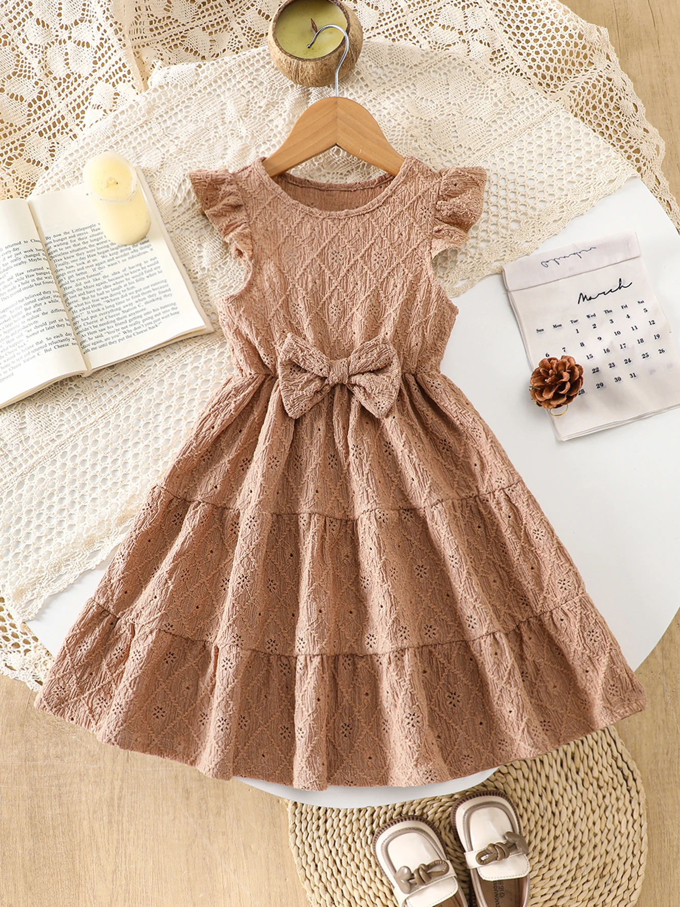Girls' Spring and Summer Casual Fashion Knit Jacquard Flutter Sleeve Sleeveless Round Neck Hem Patchwork Front Bow Dress Bohemian Beach Vacation Party Gift
