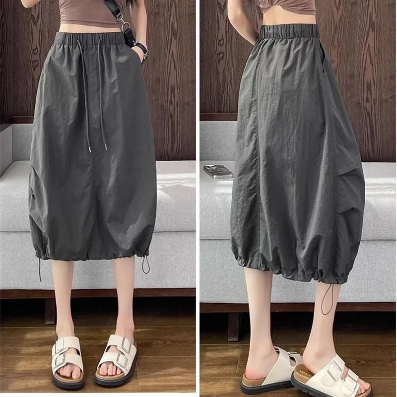Summer Women Fashion Mid Length A-line Skirts Female Solid Color Drawstring Skirt Retro Ladies Quick Drying Workwear Long Skirts