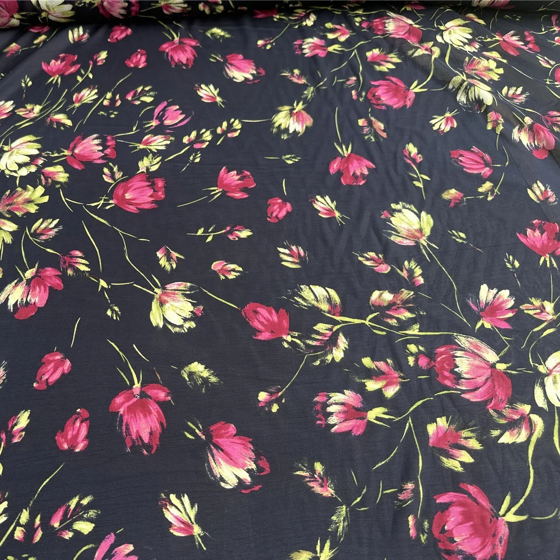 1 meter 95% Mulberry Silk 5% Spandex 13 momme Georgette Silk Fabric Navy Blue Floral Printed 135m 53