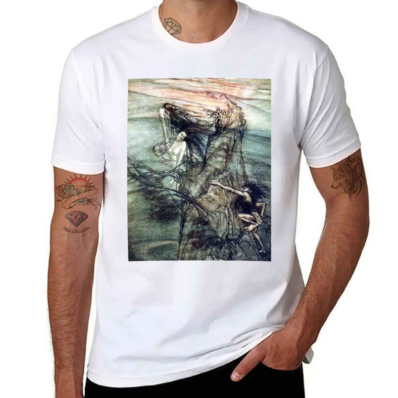 

Рейнские горничные дражнить Альберич - Артур Рекхэм для кольца Нибелинг, футболка, мужские хлопковые забавные футболки